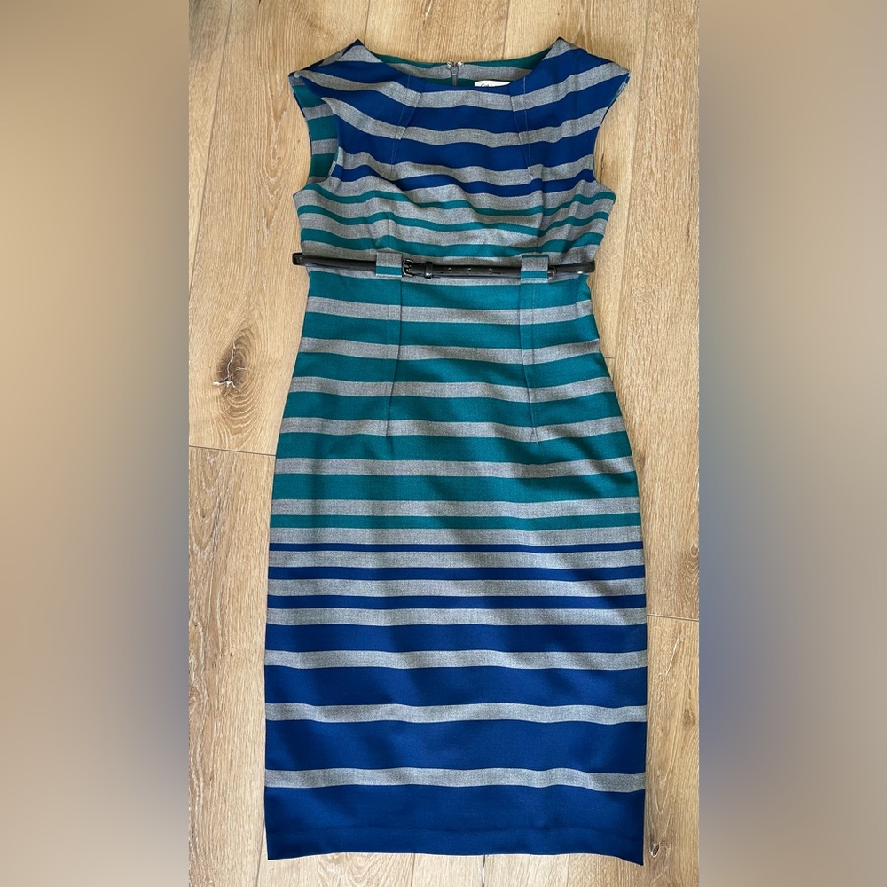 Calvin Klein Gray, Blue, and Turquoise Sleeveless Striped Dress